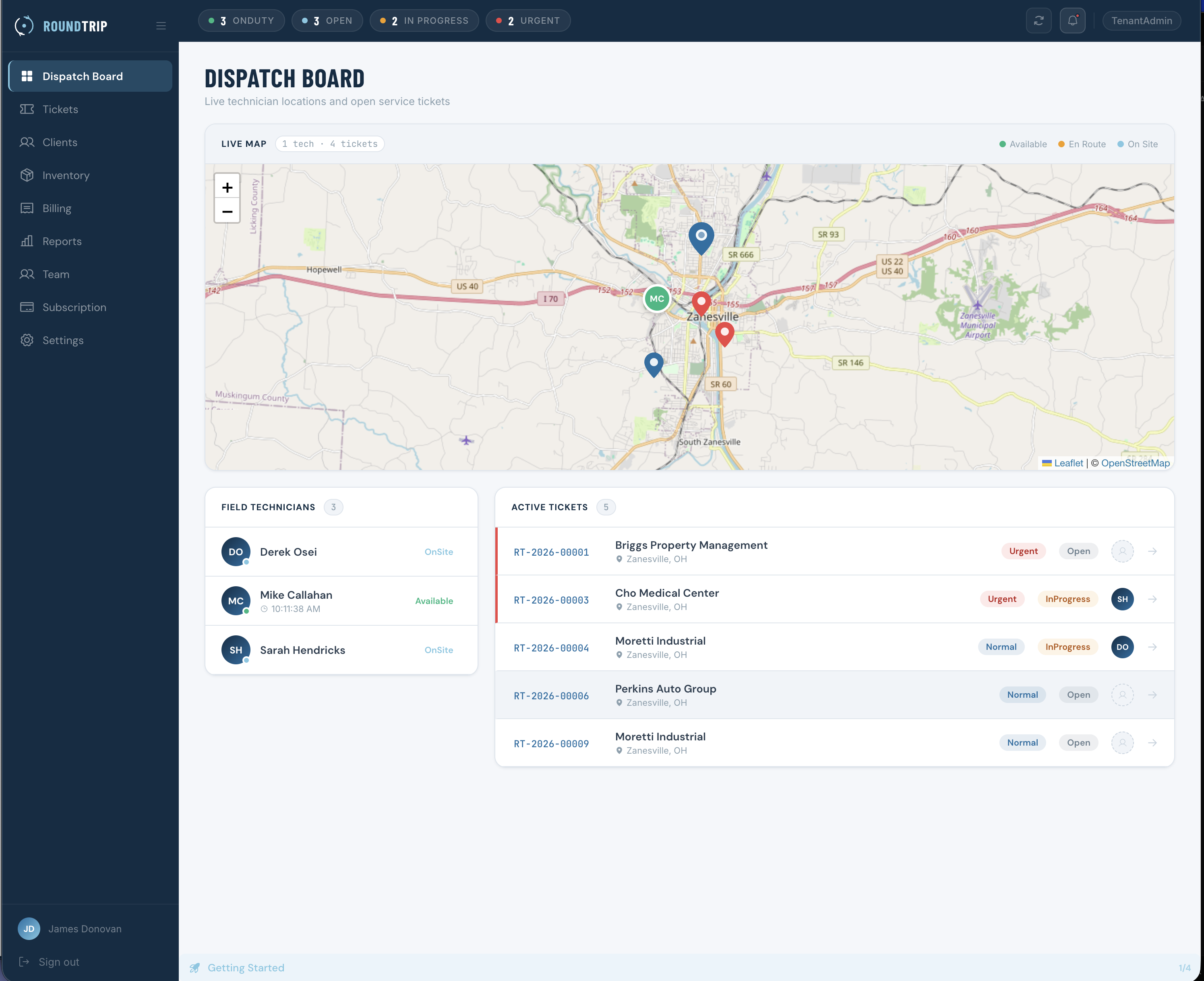 RoundTrip dispatch board showing live technician map and active tickets