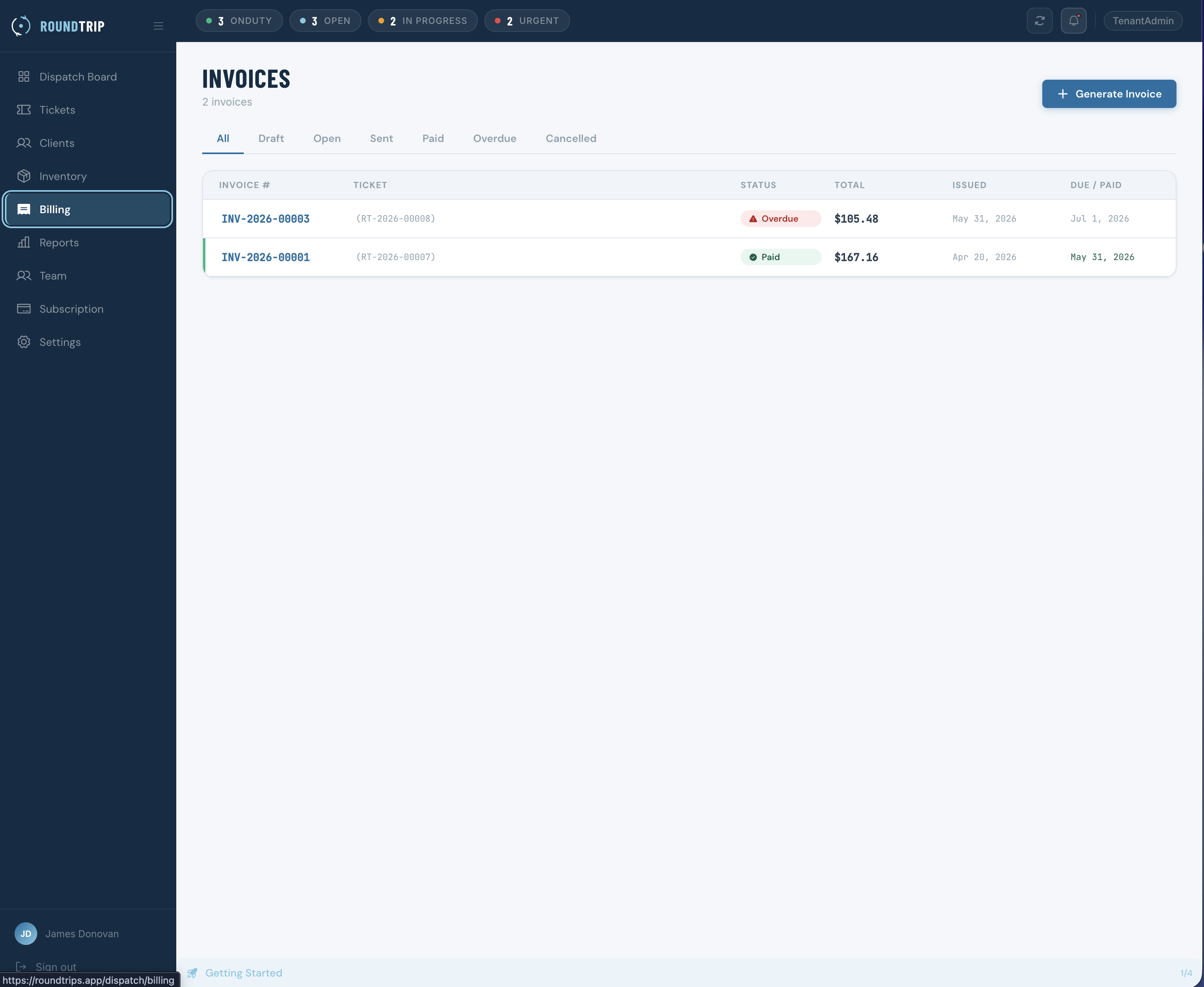 RoundTrip invoice management showing sent invoices and billing status